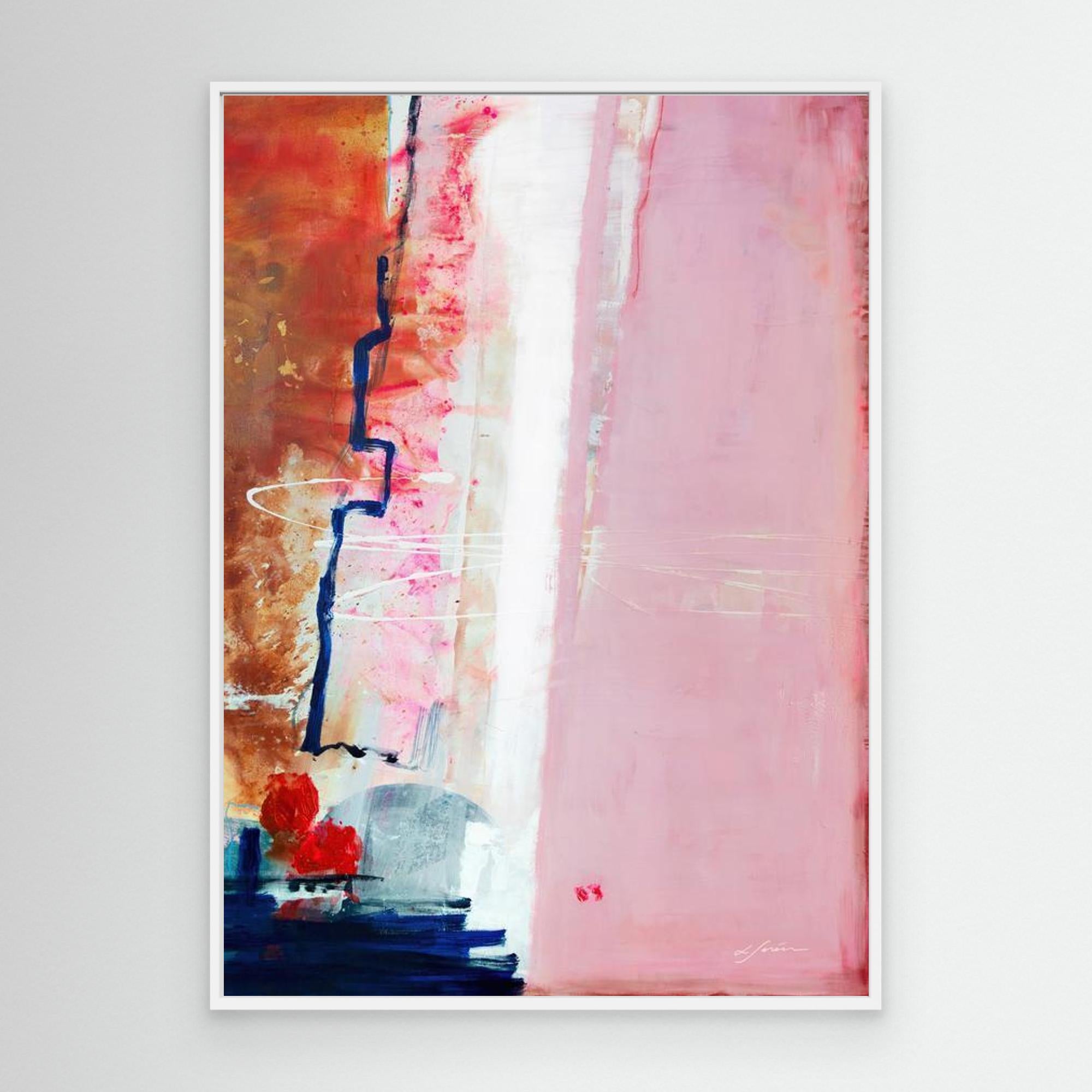 Speed Bump - Limited Edition Canvas Print with white frame. An abstract canvas print with pink, white and burnt sienna tones and a hint of red &amp; blue.  