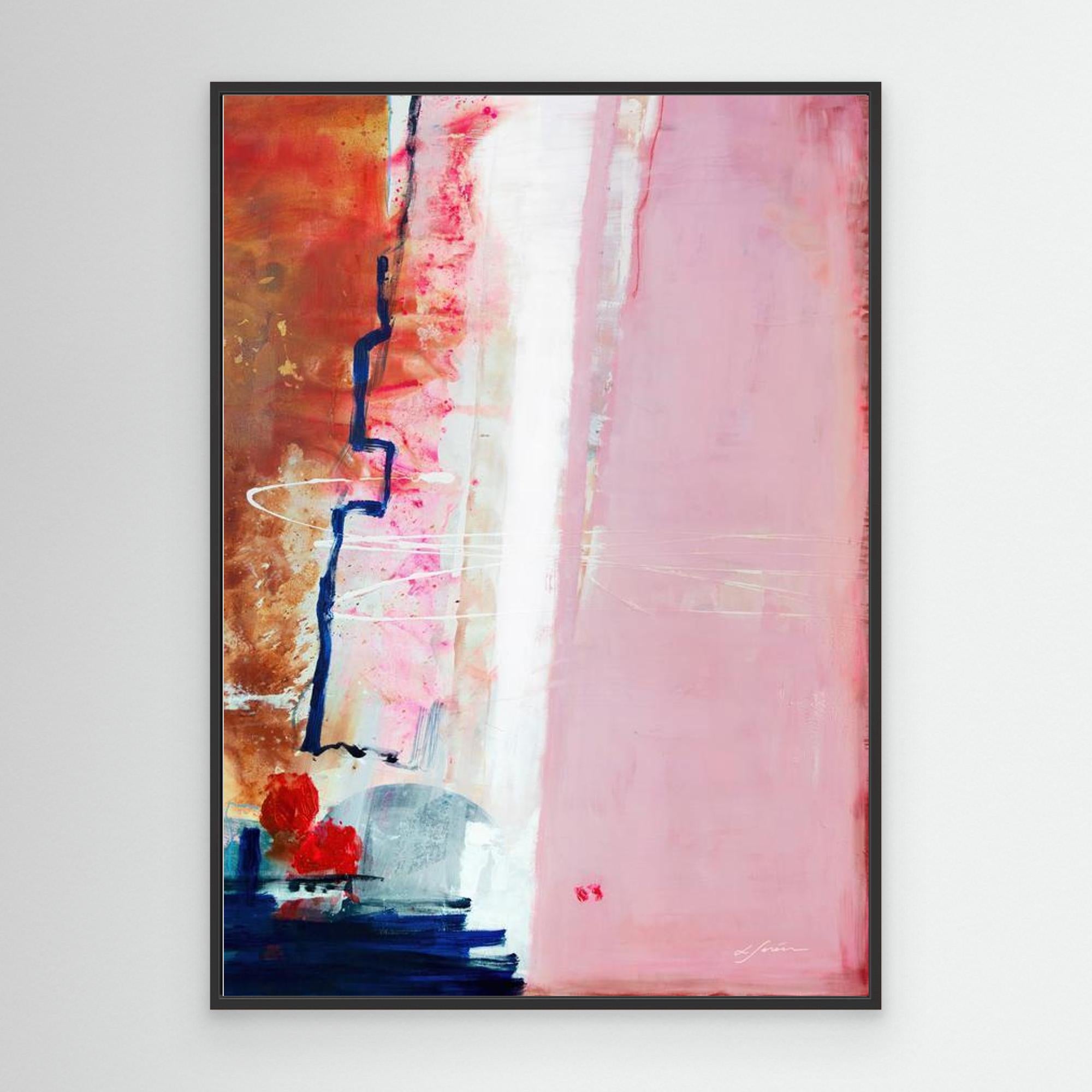 Speed Bump - Limited Edition Canvas Print with black frame. An abstract canvas print with pink, white and burnt sienna tones and a hint of red &amp; blue.  