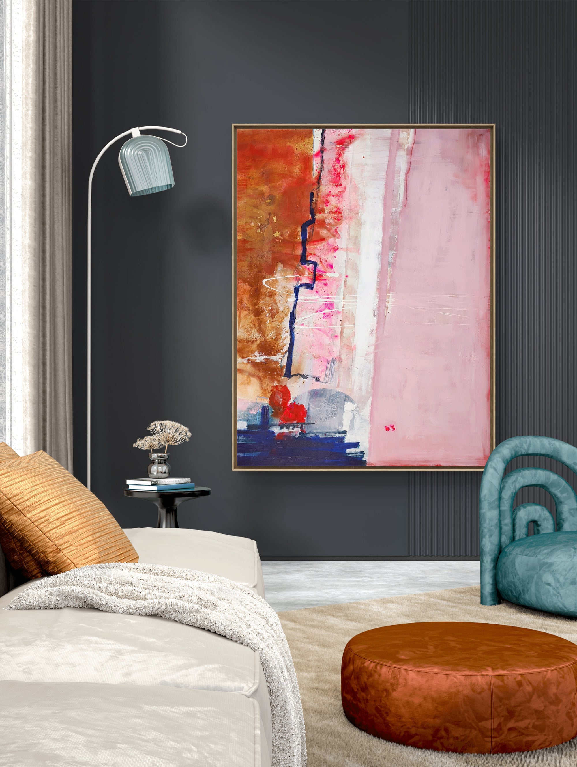 Speed Bump - Limited Edition Canvas Print with oak frame. An abstract canvas print with pink, white and burnt sienna tones and a hint of red &amp; blue. Living room with a colorful abstract painting on the wall, a gray sofa, and a blue armchair.