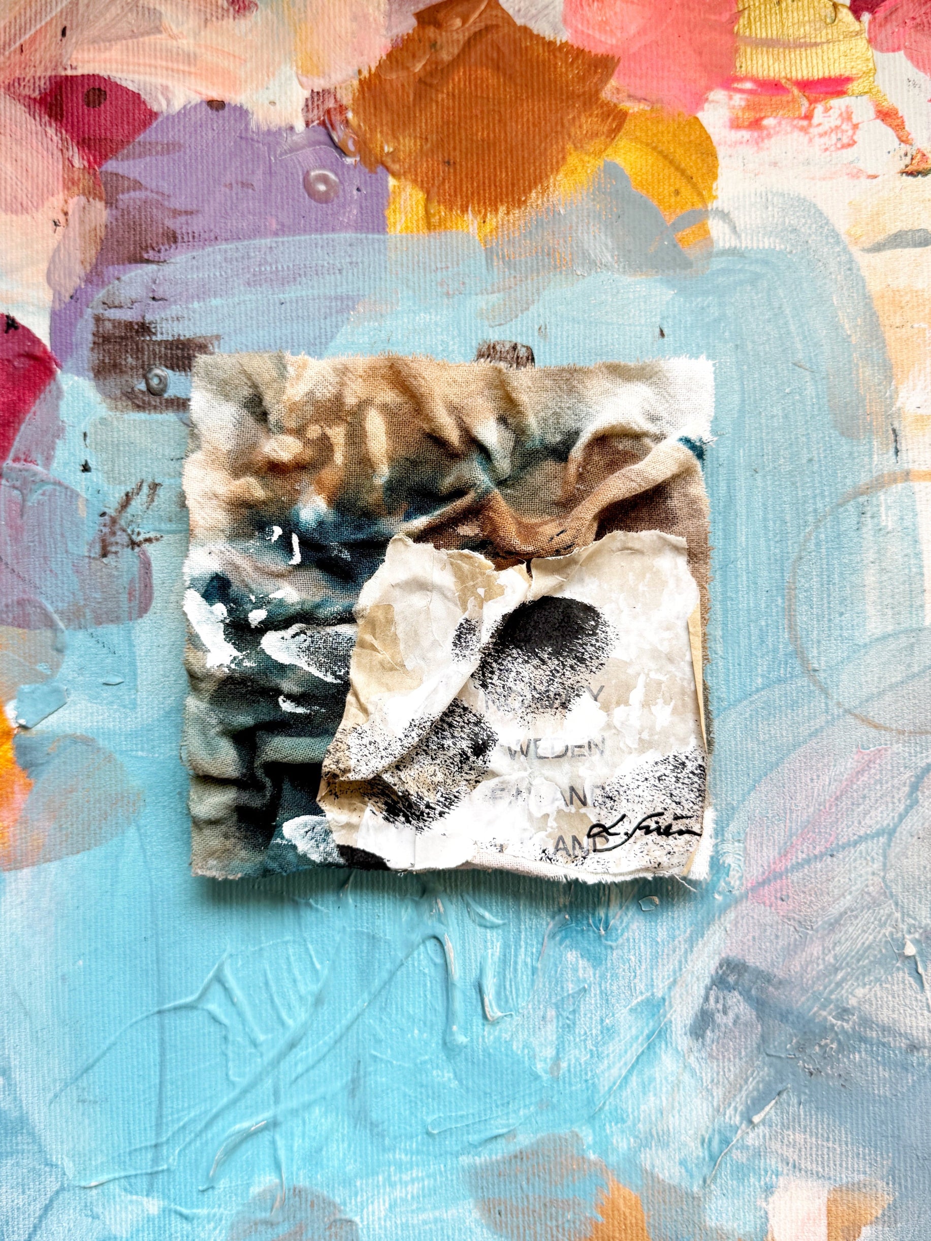 square abstract artwork with textured details on a colorful abstract background