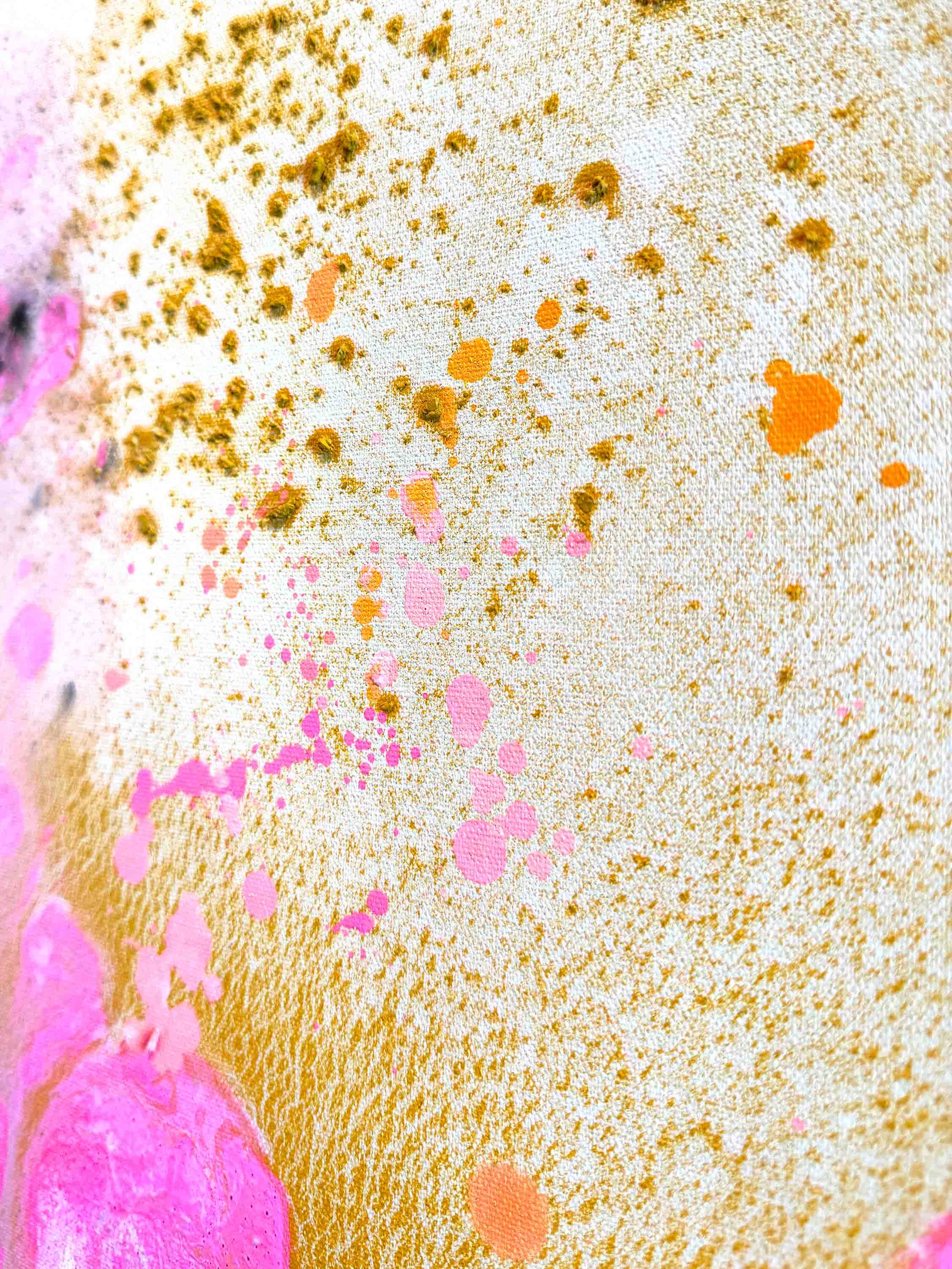 Colorful abstract painting  with pink, orange, and gold on a textured background by Finnish artist Lotta Sirén