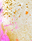 Colorful abstract painting  with pink, orange, and gold on a textured background by Finnish artist Lotta Sirén