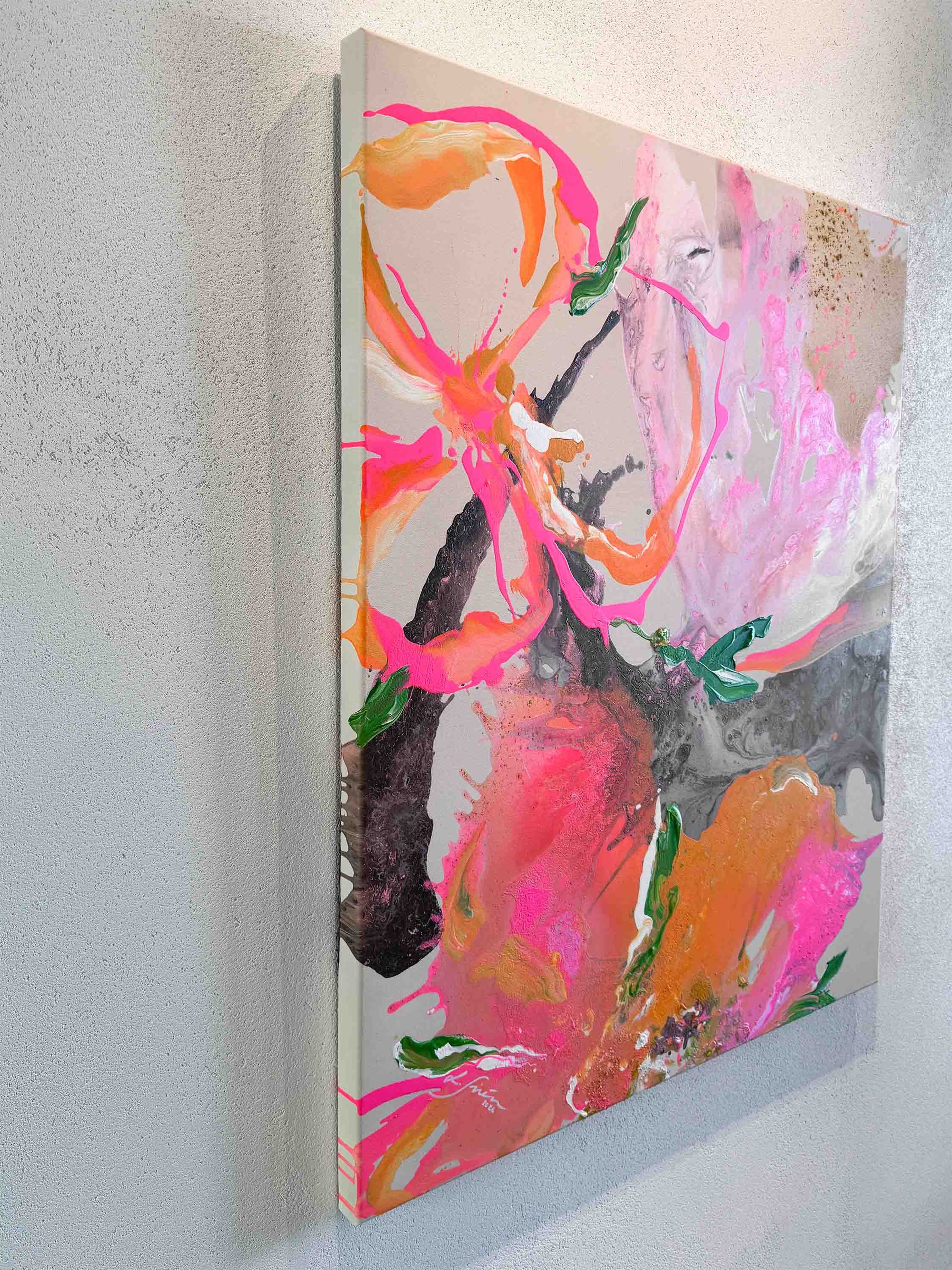 Abstract painting with vibrant colors on a textured wall by Finnish artist Lotta Sirén