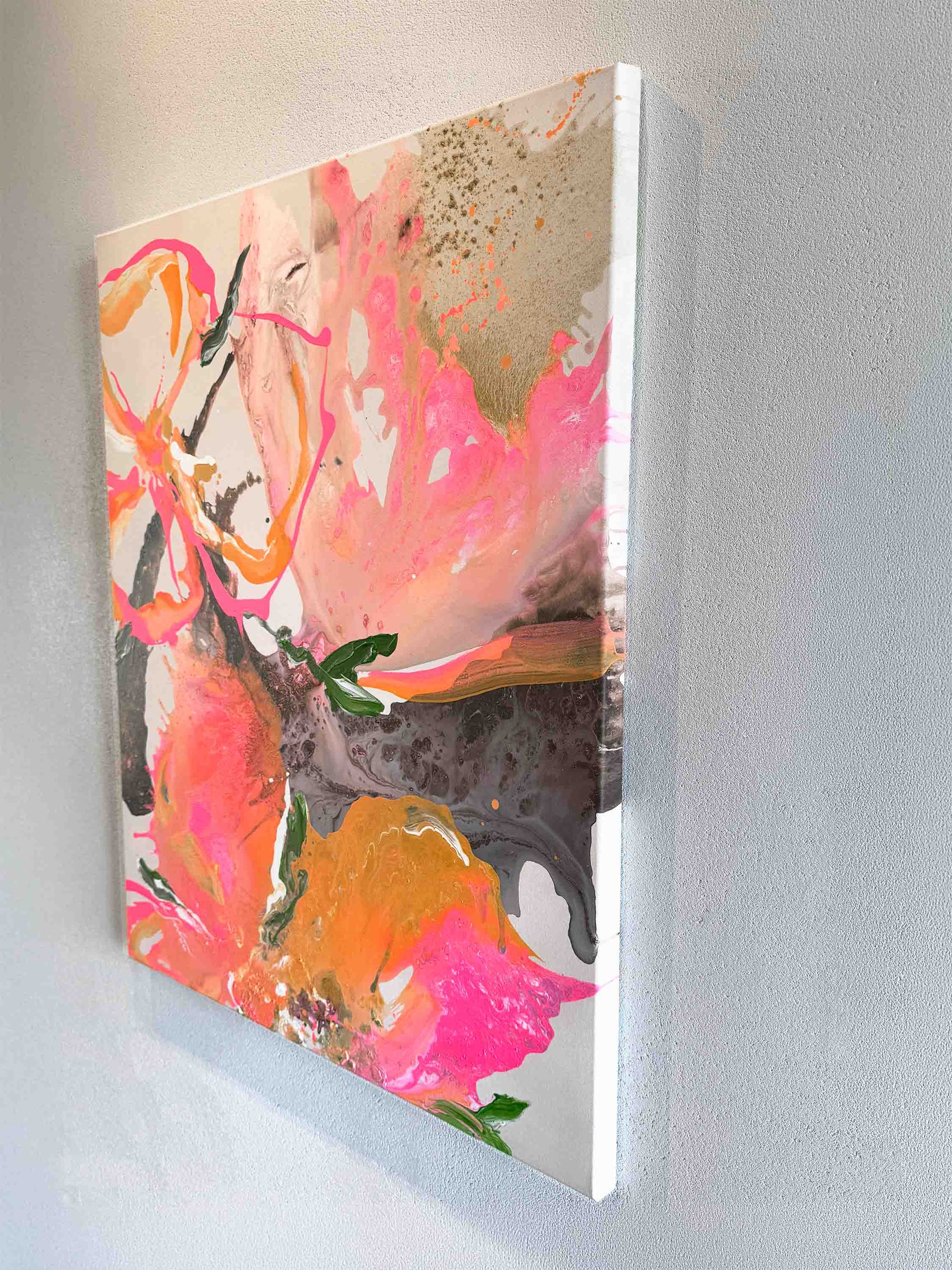 Abstract painting with pink, orange, and gold colors on a white wall by Finnish artist Lotta Sirén