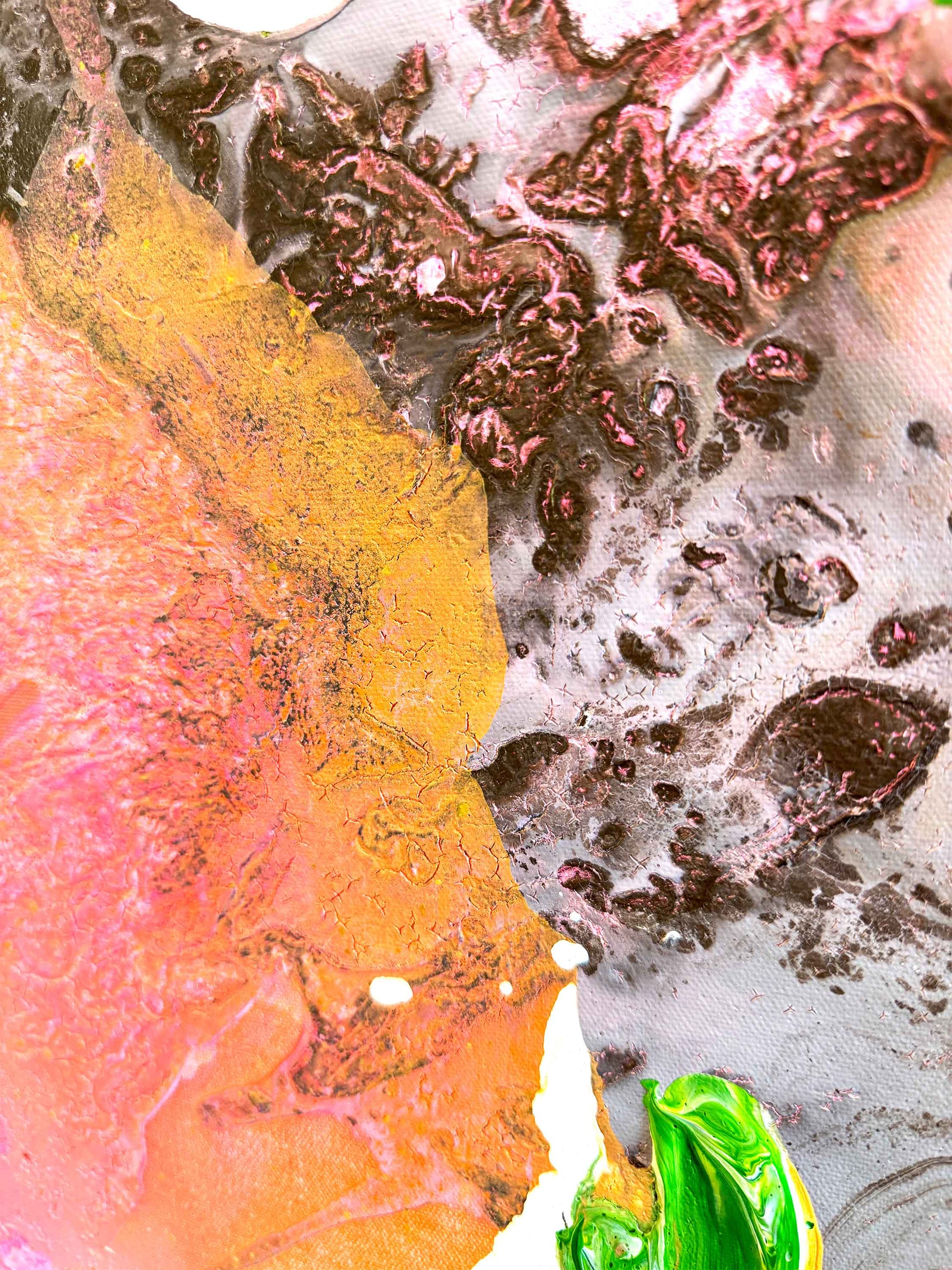 Close-up of colorful abstract painting with orange, pink, and green hues by Finnish artist Lotta Sirén