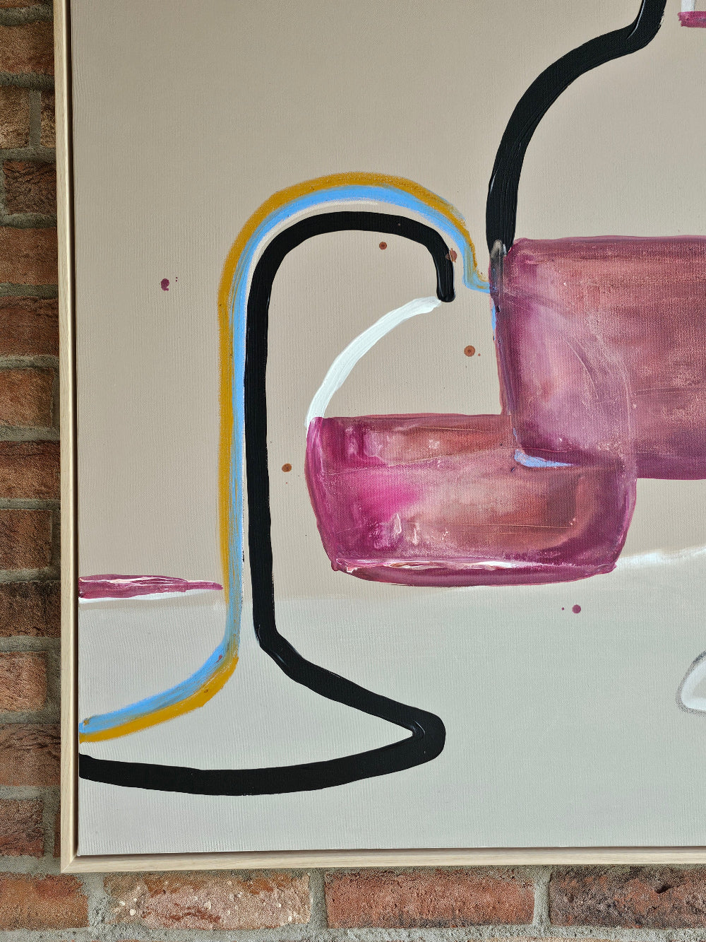 An abstract acrylic painting featuring red and magenta geometric glass shapes, black and yellow curved lines, and a white background, shown hanging on a brick wall.
