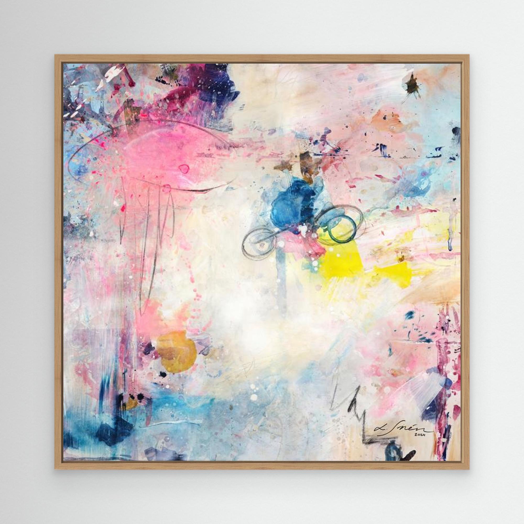 UFO (& other flying vehicles) - Canvas Print. A semi-abstract canvas print with oak frame. Light and airy piece with off-white, pastel tones and blue, pink and yellow hues. 