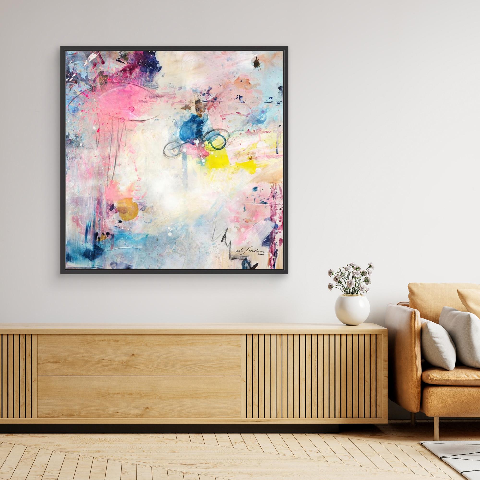 UFO (&amp; other flying vehicles) - Canvas Print. A semi-abstract canvas print with black frame a wall on top of a TV-stand. A light piece with off-white, pastel tones and blue, pink and yellow hues.  