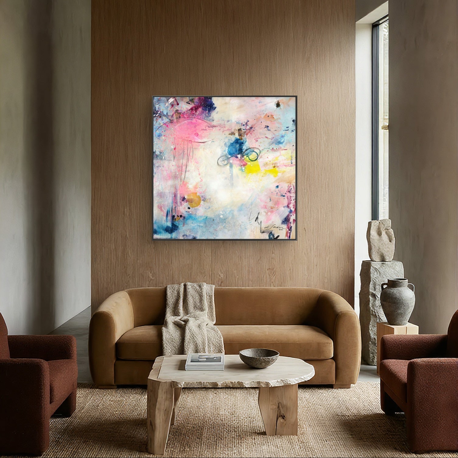 UFO (&amp; other flying vehicles) - Canvas Print. A semi-abstract canvas print with black frame on a modern living room wooden wall. A light piece with off-white, pastel tones and blue, pink and yellow hues.  Modern living room with a colorful abstract painting. 
