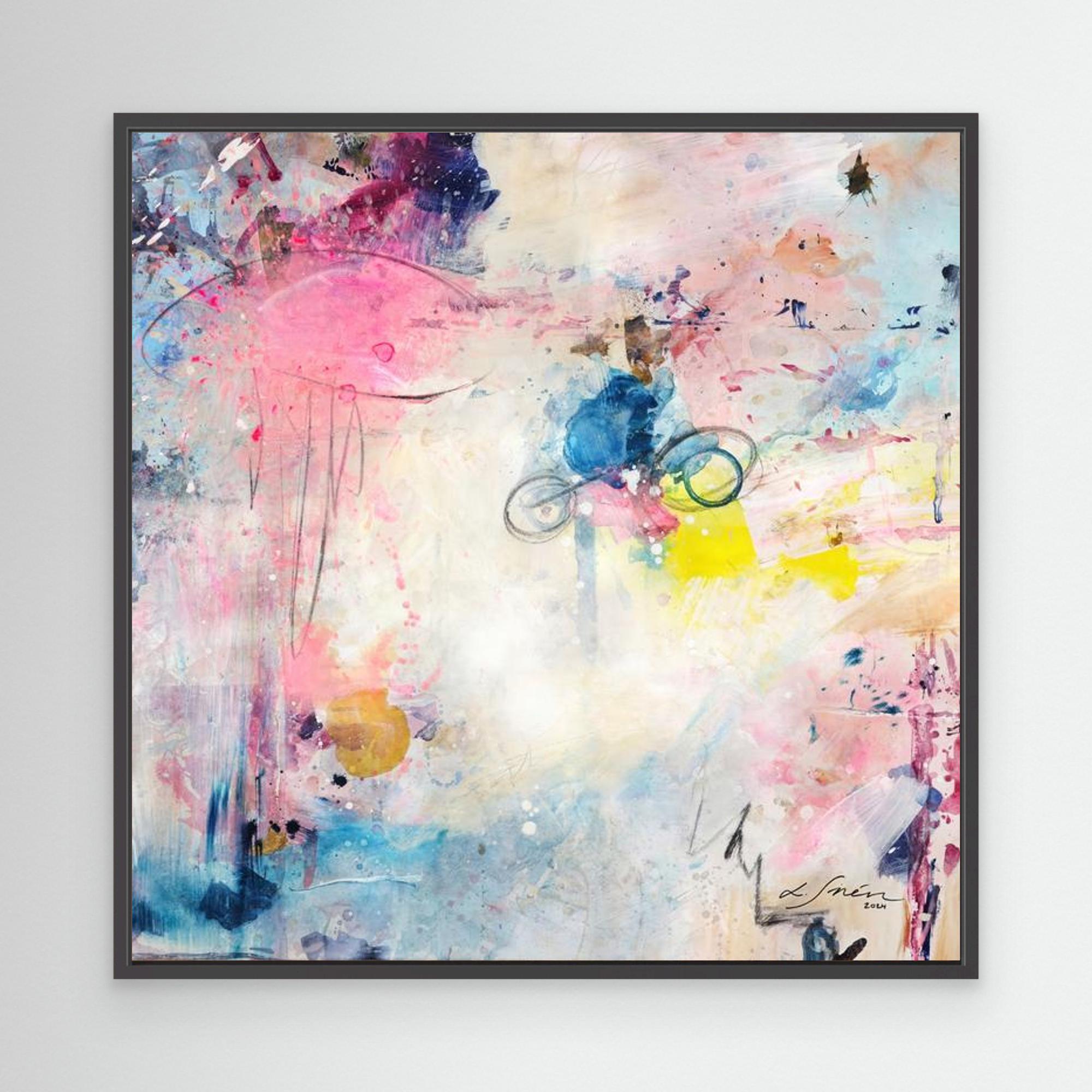 UFO (& other flying vehicles) - Canvas Print. A semi-abstract canvas print with black frame. Light and airy piece with off-white, pastel tones and blue, pink and yellow hues. 