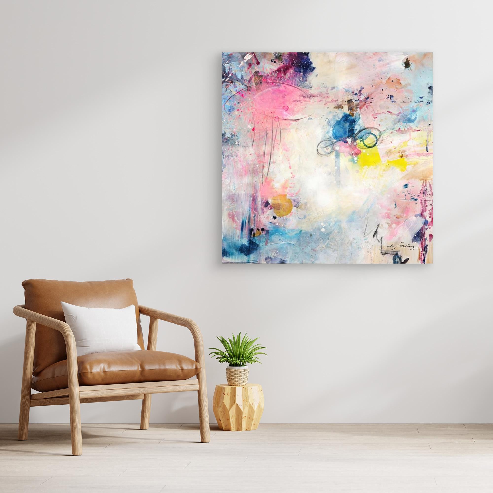 UFO (&amp; other flying vehicles) - Canvas Print. A semi-abstract canvas print on a wall. A light piece with off-white, pastel tones and blue, pink and yellow hues.  