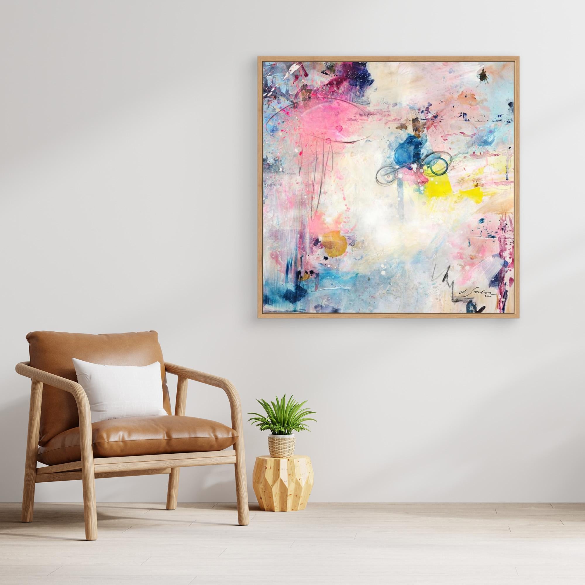 UFO (&amp; other flying vehicles) - Canvas Print. A semi-abstract canvas print with oak frame on a wall. A light piece with off-white, pastel tones and blue, pink and yellow hues.  