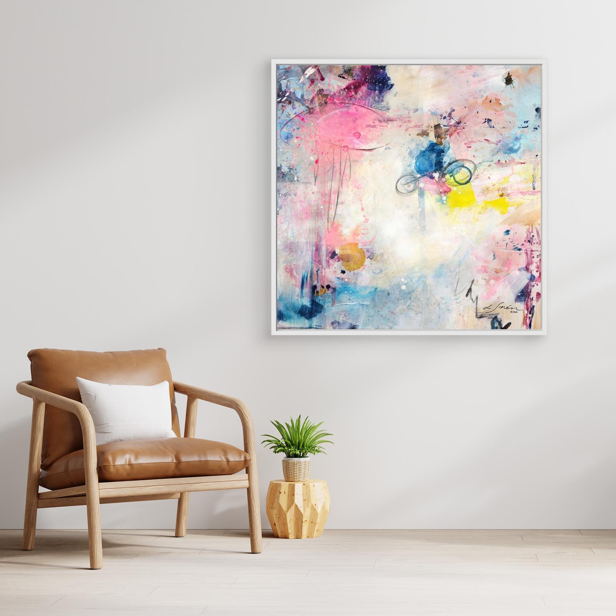 UFO (&amp; other flying vehicles) - Canvas Print. A semi-abstract canvas print with white frame on a wall. A light piece with off-white, pastel tones and blue, pink and yellow hues.  