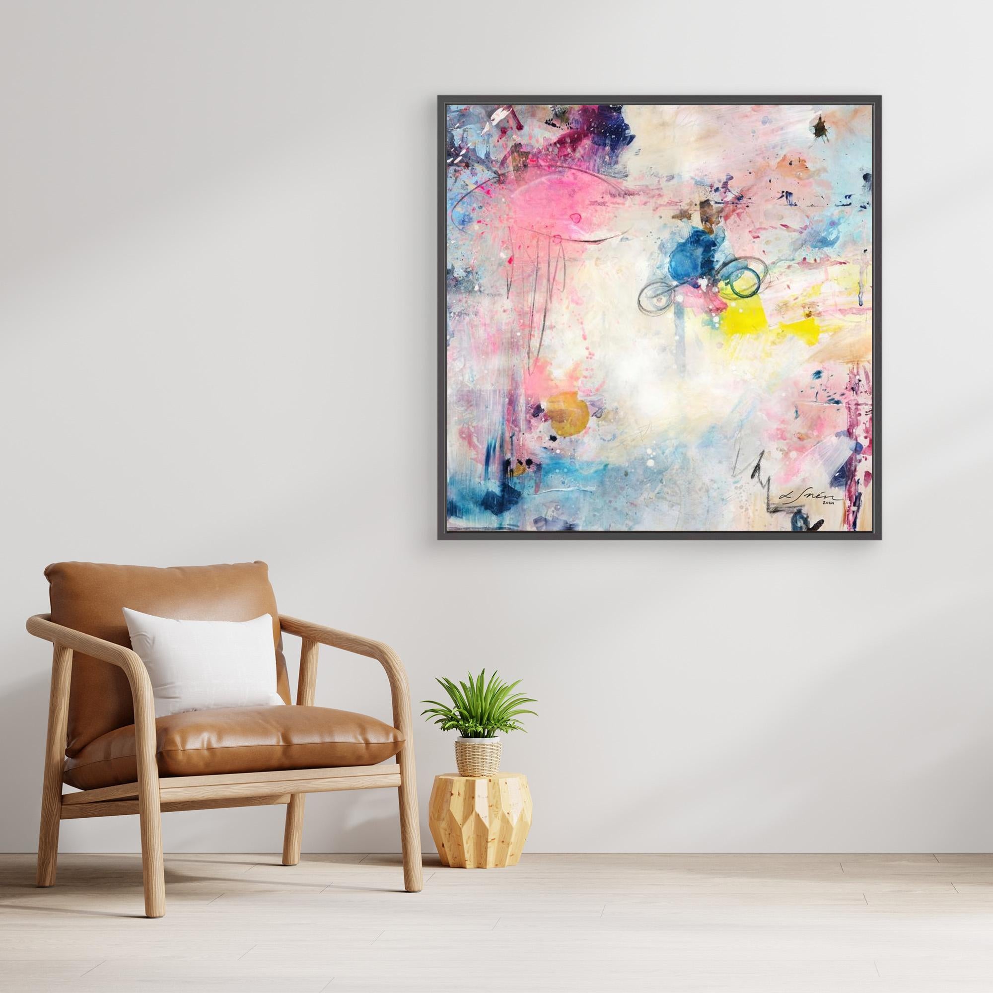 UFO (&amp; other flying vehicles) - Canvas Print. A semi-abstract canvas print with black frame on a wall. A light piece with off-white, pastel tones and blue, pink and yellow hues.  