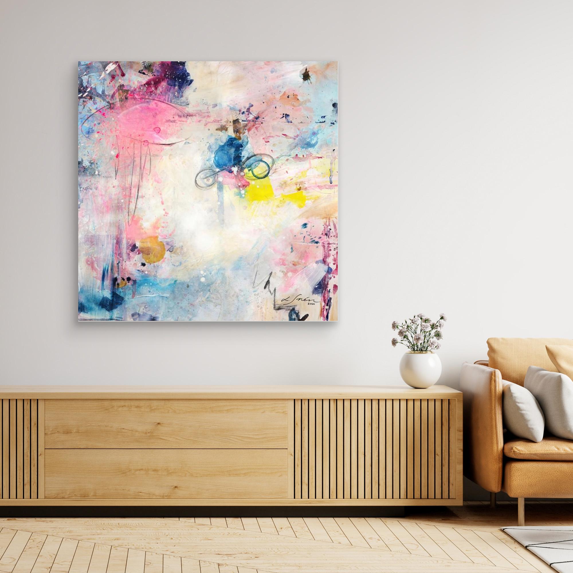 UFO (&amp; other flying vehicles) - Canvas Print. A semi-abstract canvas print on a wall on top of a TV-stand. A light piece with off-white, pastel tones and blue, pink and yellow hues.  