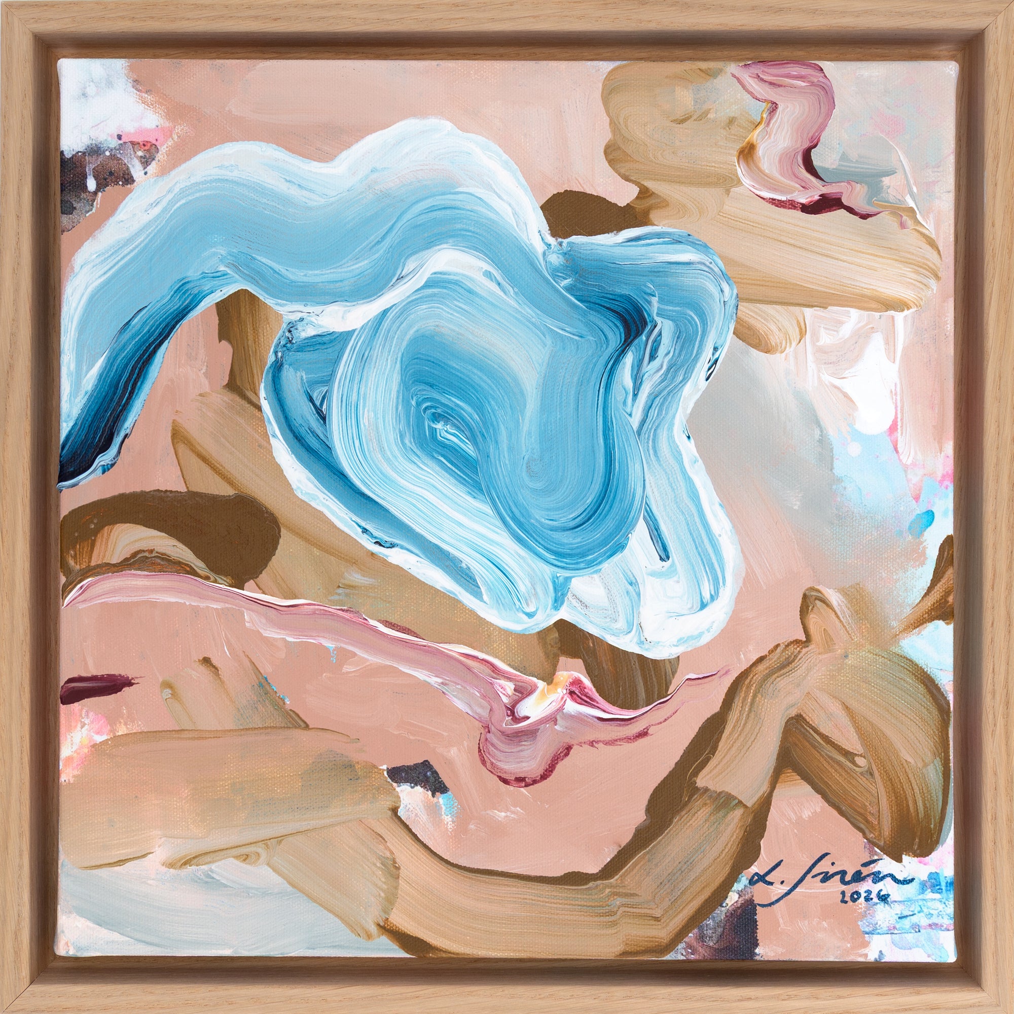 Abstract painting with blue and pink swirls in a wooden frame by Finnish artist Lotta Sirén