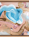 Abstract painting with blue and pink swirls in a wooden frame by Finnish artist Lotta Sirén
