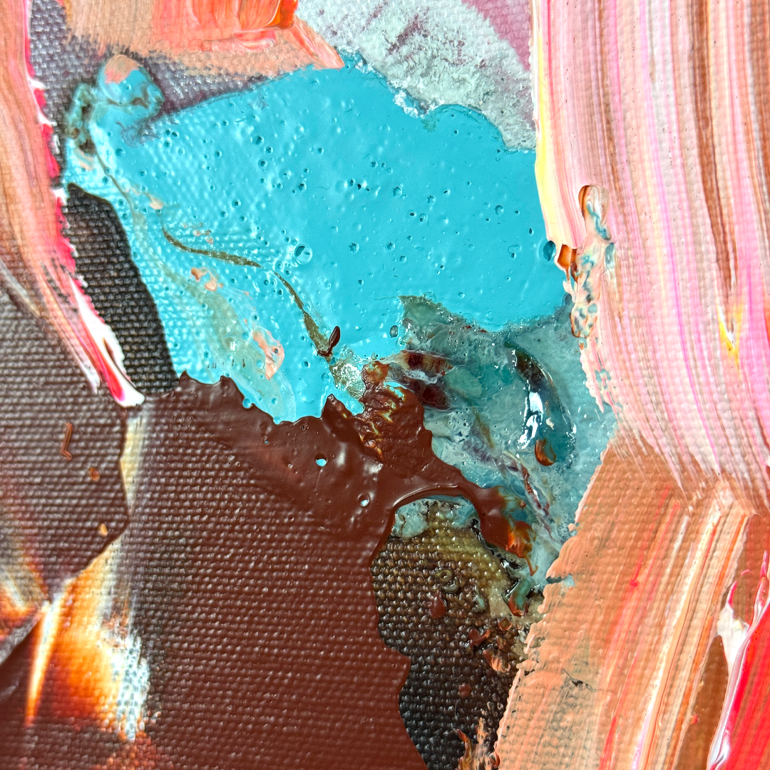 Close-up on Lotta Sirén astract art with a mix of pink, blue, and brown colors.