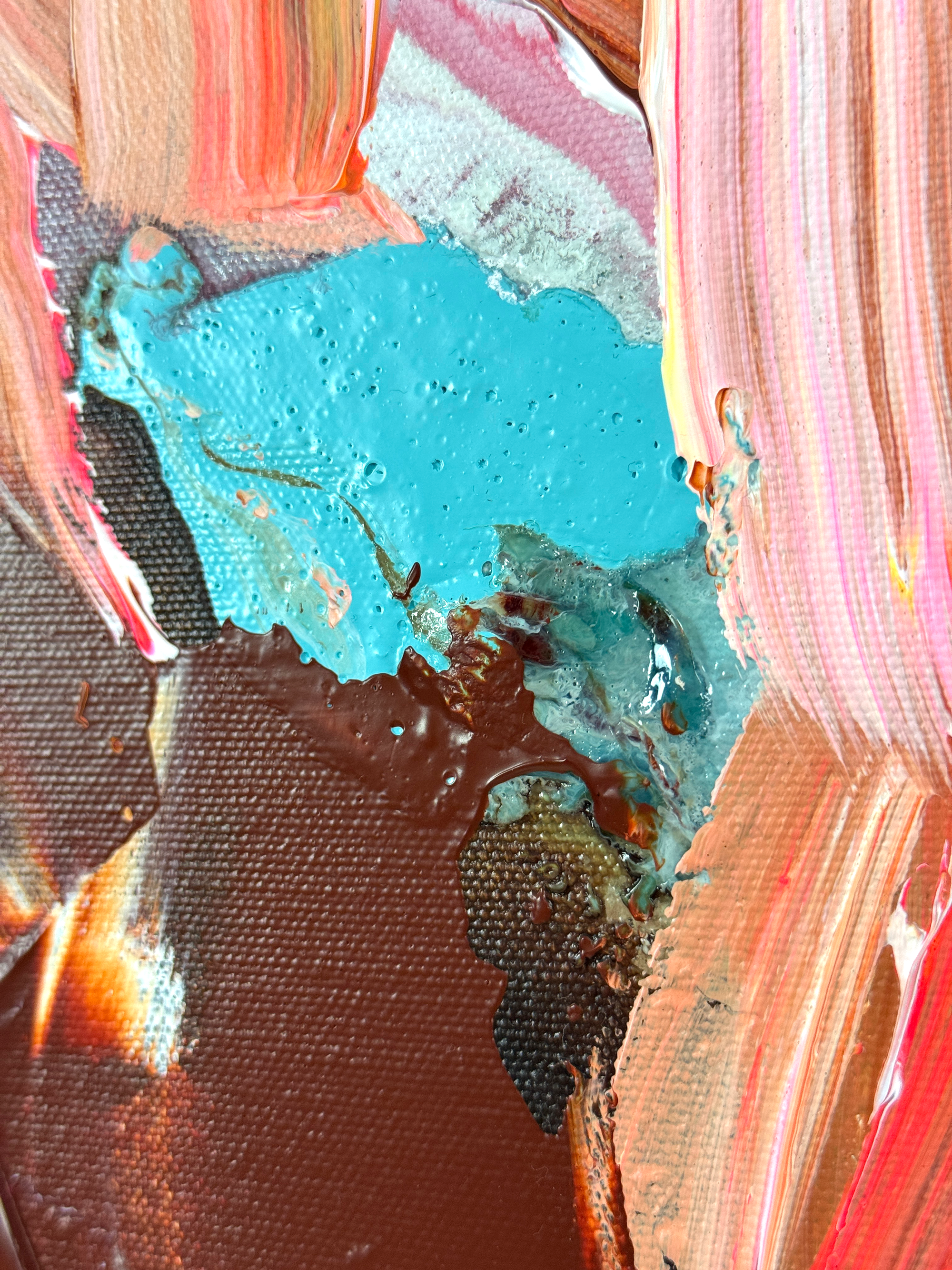 Close-up on Lotta Sirén astract art with a mix of pink, blue, and brown colors.