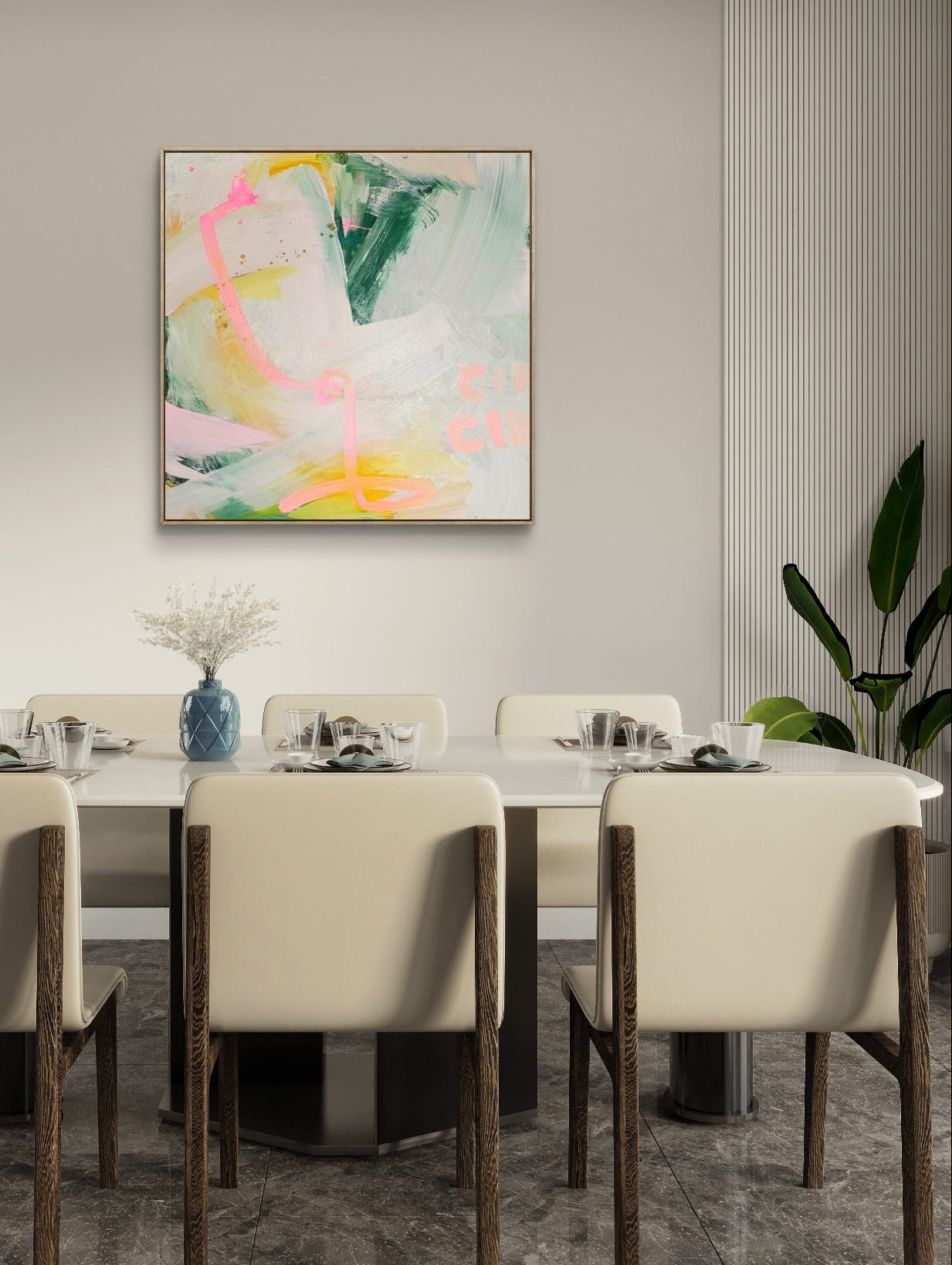 Dining room with a modern abstract painting on the wall, table set for four, and decorative elements.