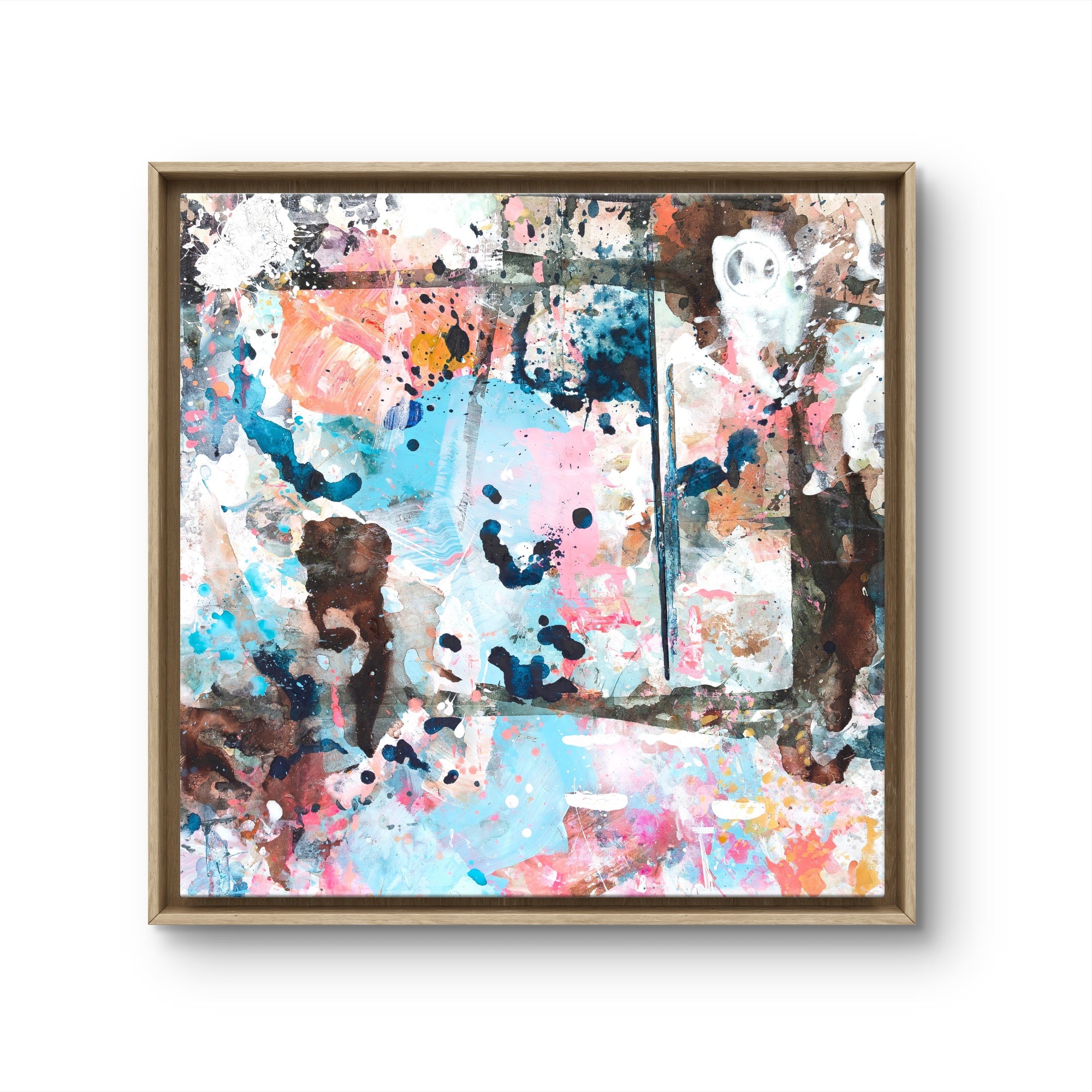 "SMILE" Hand embellished abstract art print with splashes of color in a wooden frame on a white wall
