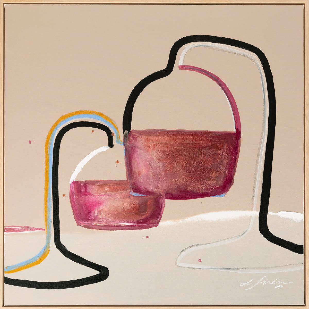 Abstract still life painting of wine glasses and a pitcher in pink, burgundy, black, white, and yellow linework on a warm beige background, with a thin brown border and an artist signature in the lower right.