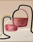 Abstract still life painting of wine glasses and a pitcher in pink, burgundy, black, white, and yellow linework on a warm beige background, with a thin brown border and an artist signature in the lower right.