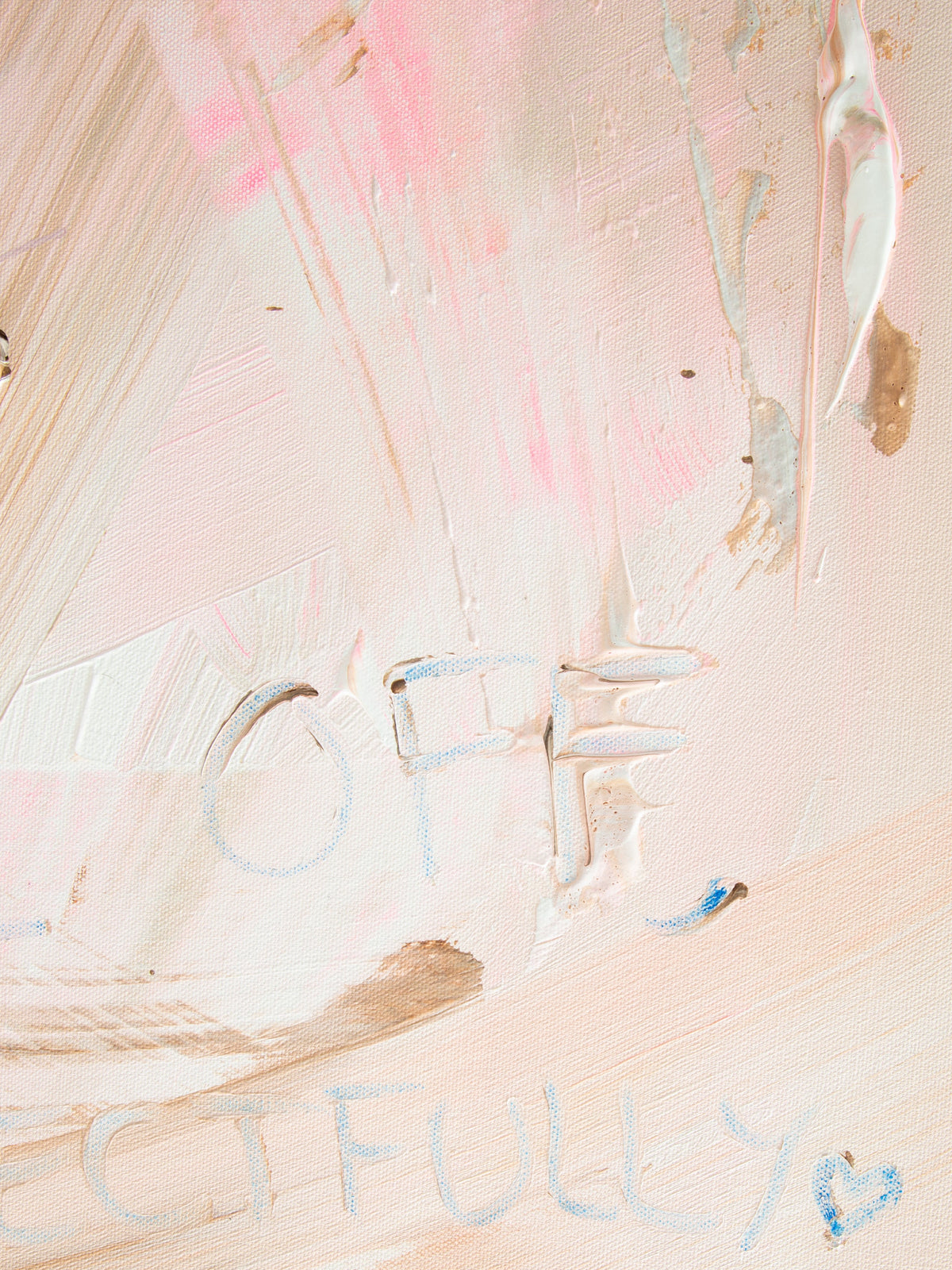 Abstract painting with thick brushstrokes in soft blush pink, cream, beige, and light blue, with faint hand-lettered text near the bottom.