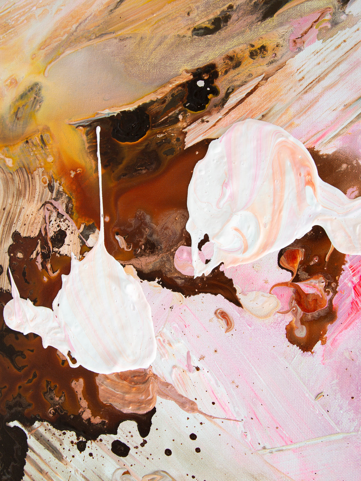 Abstract fluid acrylic painting with textured drips and splatters of white, pink, brown, black, and warm beige tones.