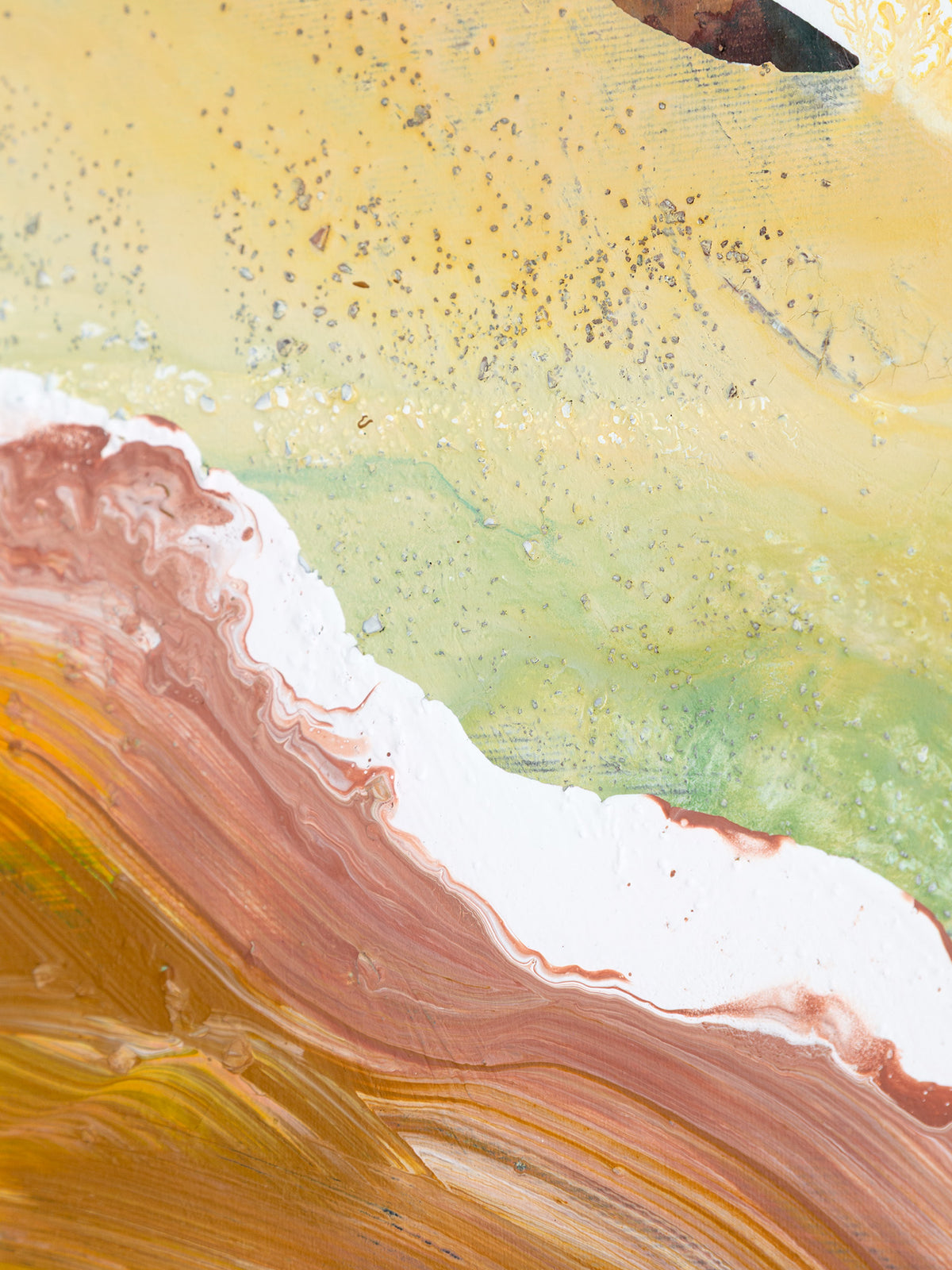 Abstract fluid acrylic painting with layered waves and textures in yellow, green, white, terracotta, and gold tones.