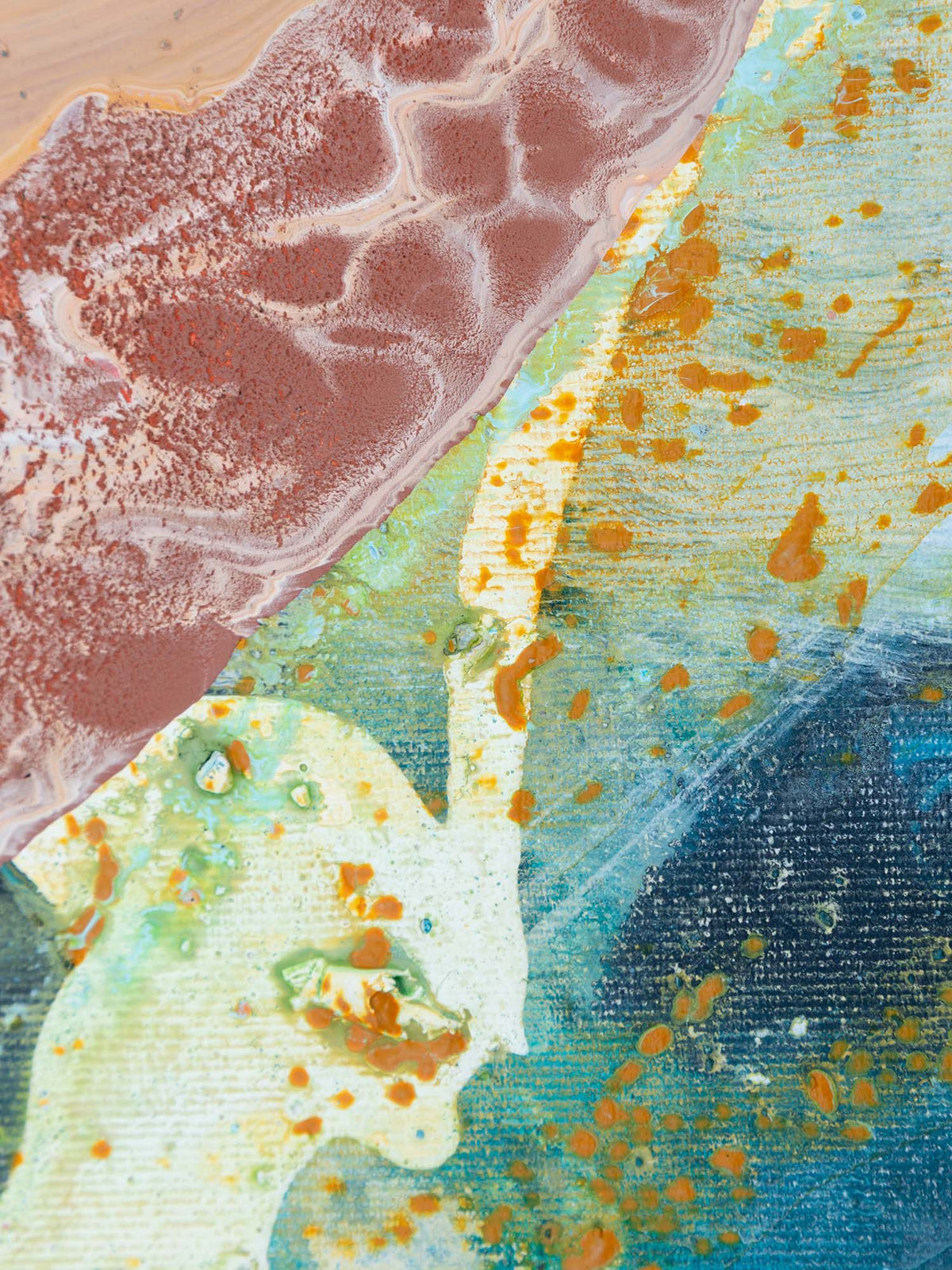 Abstract mixed-media painting featuring textured layers of terracotta, teal, blue, cream, and orange paint with a visible printed book background.