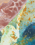 Abstract mixed-media painting featuring textured layers of terracotta, teal, blue, cream, and orange paint with a visible printed book background.