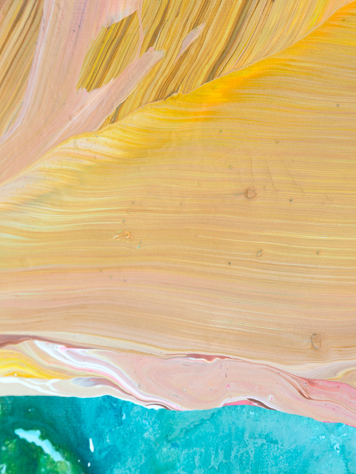 Abstract painting with layered swirls of yellow, peach, pink, and turquoise blue paint.
