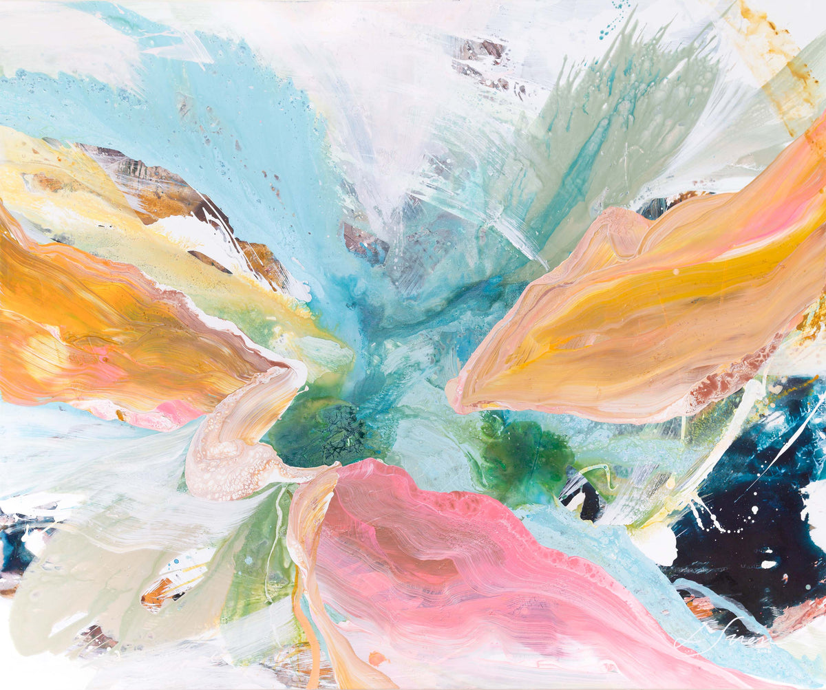 Abstract floral painting with layered brushstrokes in pastel pink, peach, yellow, aqua, mint green, white, and small dark navy areas.