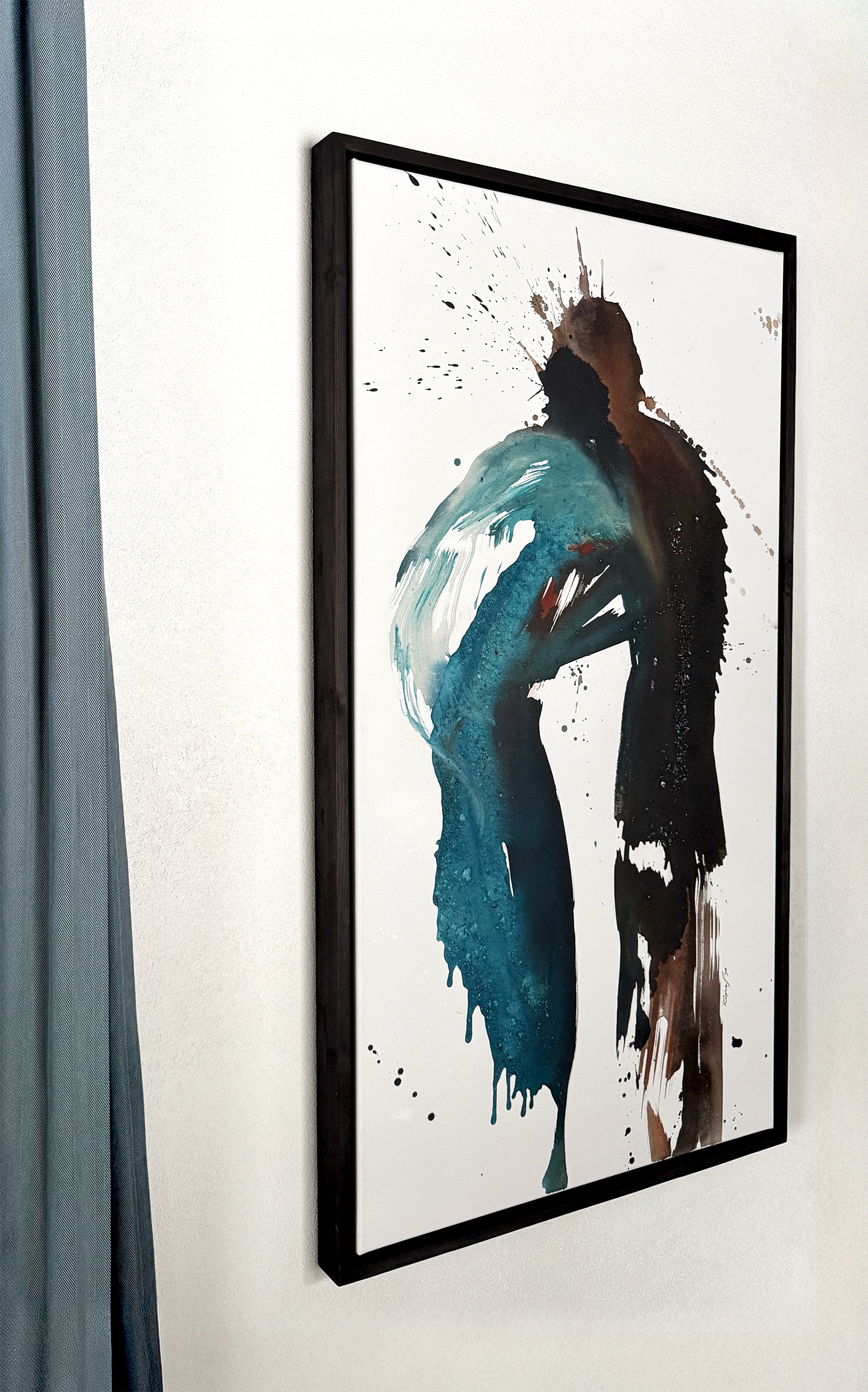 Abstract artwork by Finnish artist Lotta Sirén in black frames on a white wall.