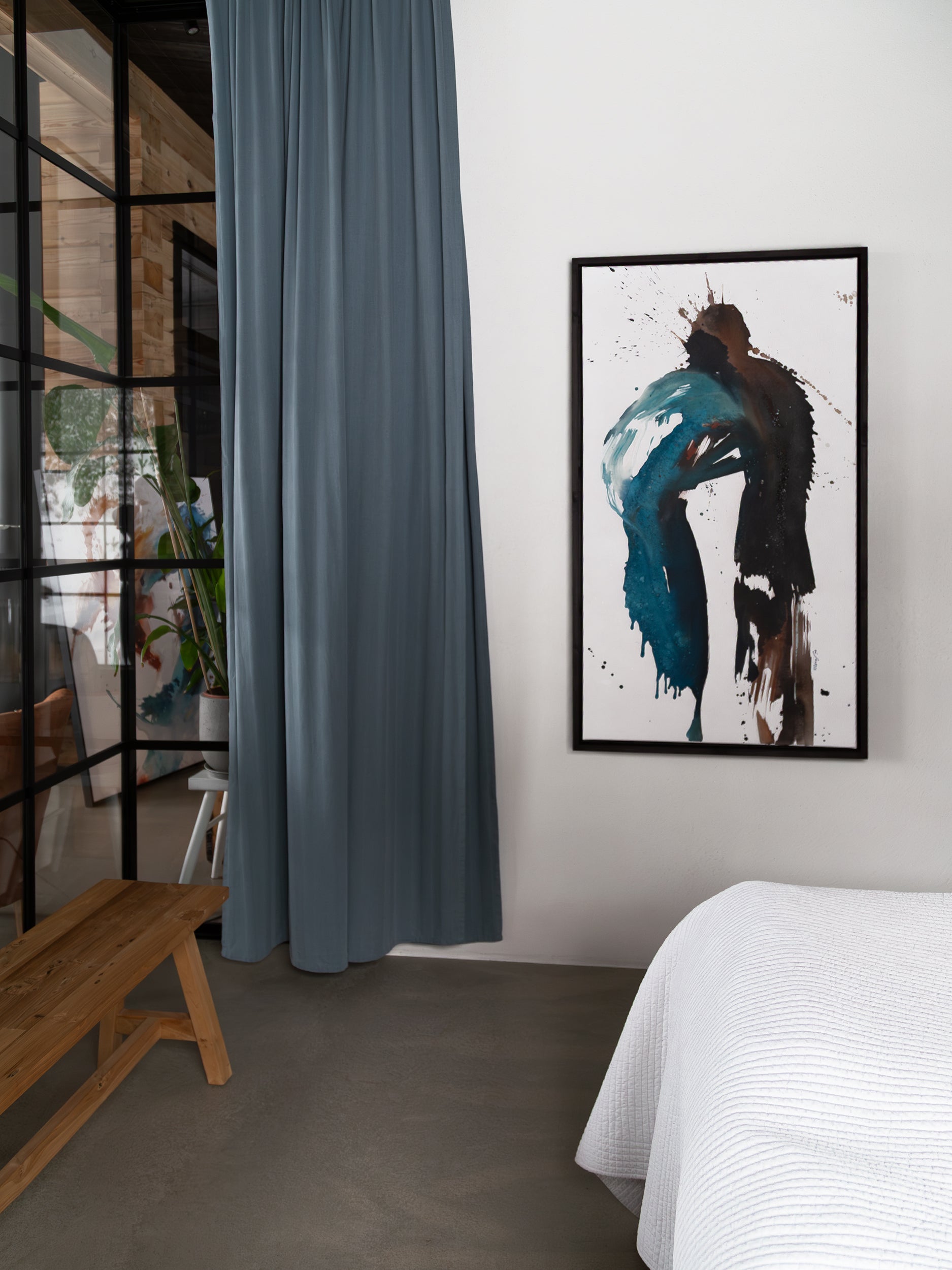 Abstract artwork by Finnish artist Lotta Sirén on a wall in scandinavian home.