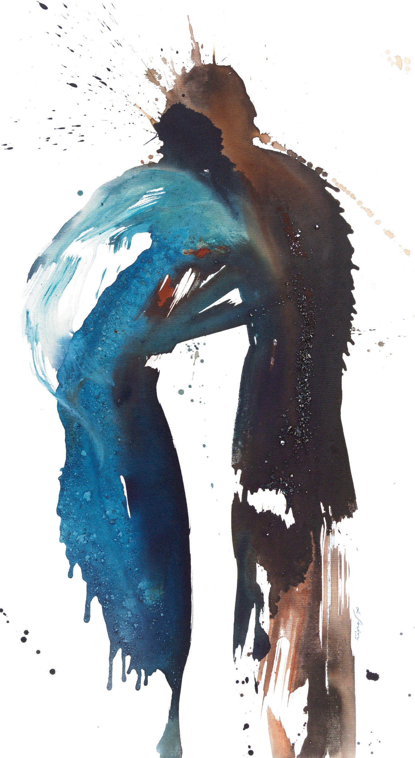 Abstract art of a figure with blue and brown colors on a white background