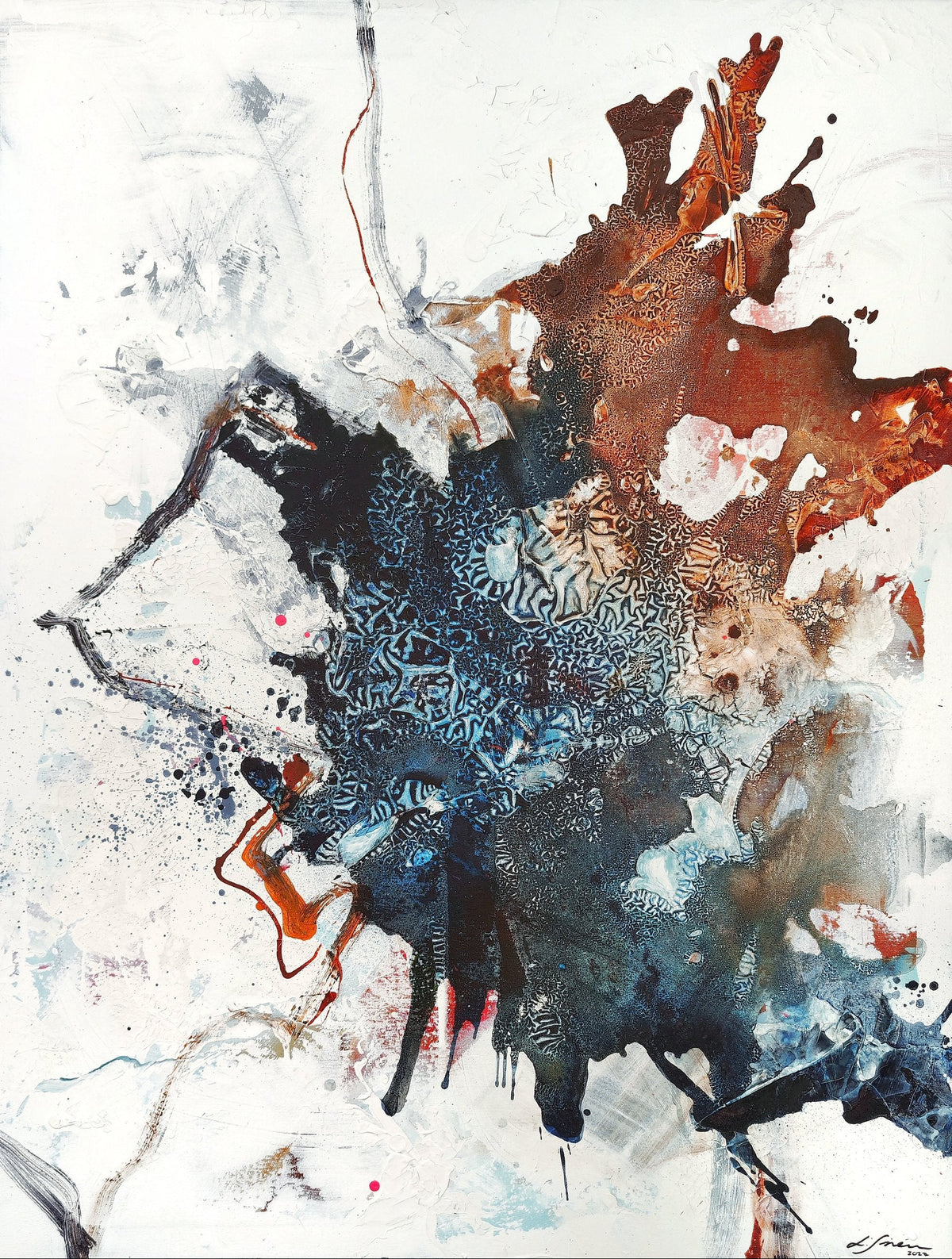 An abstract acrylic painting featuring a blend of dark and light colors with prominent textures.