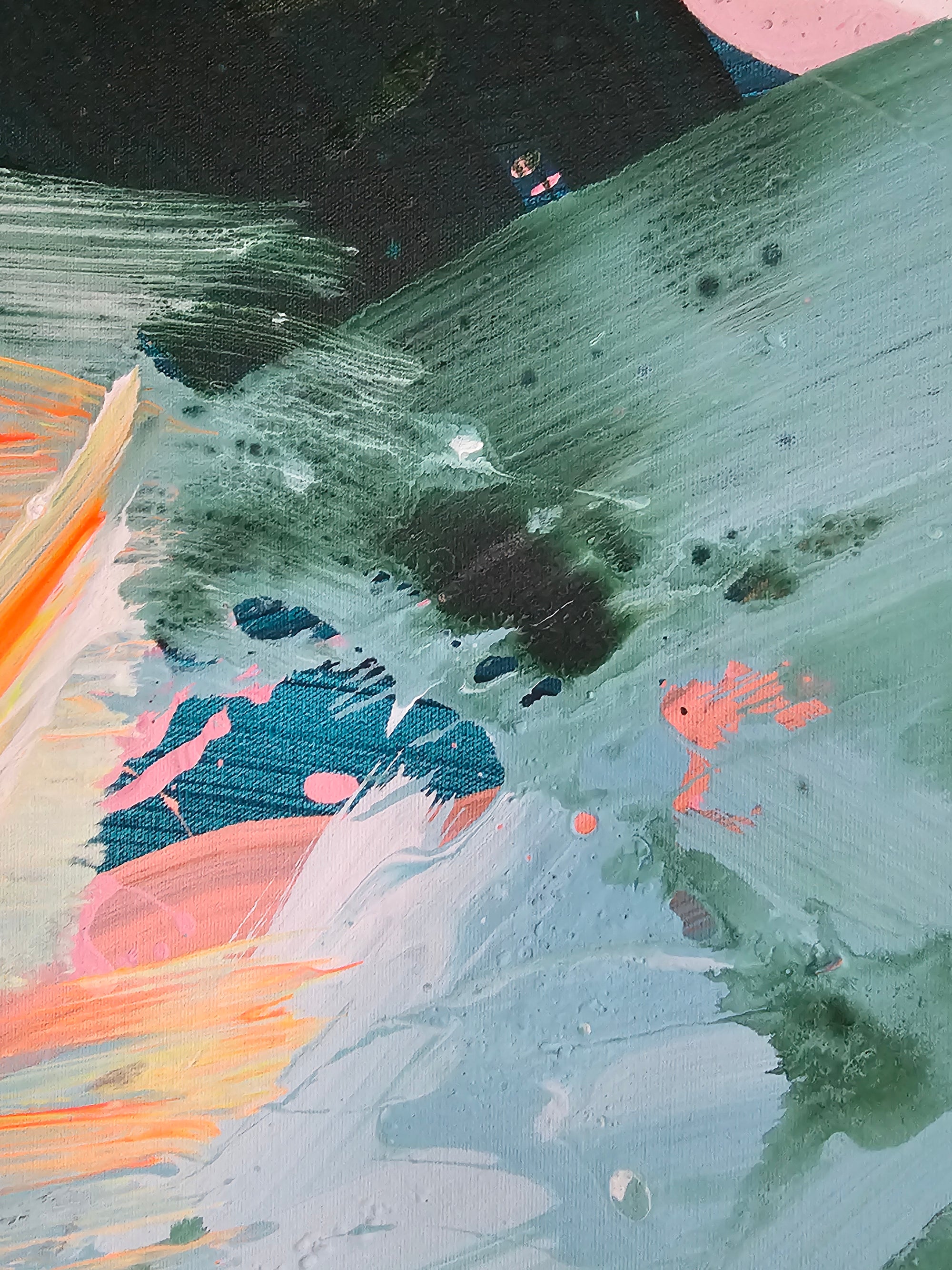 Abstract art with splashes of green, orange, and black on a textured surface.